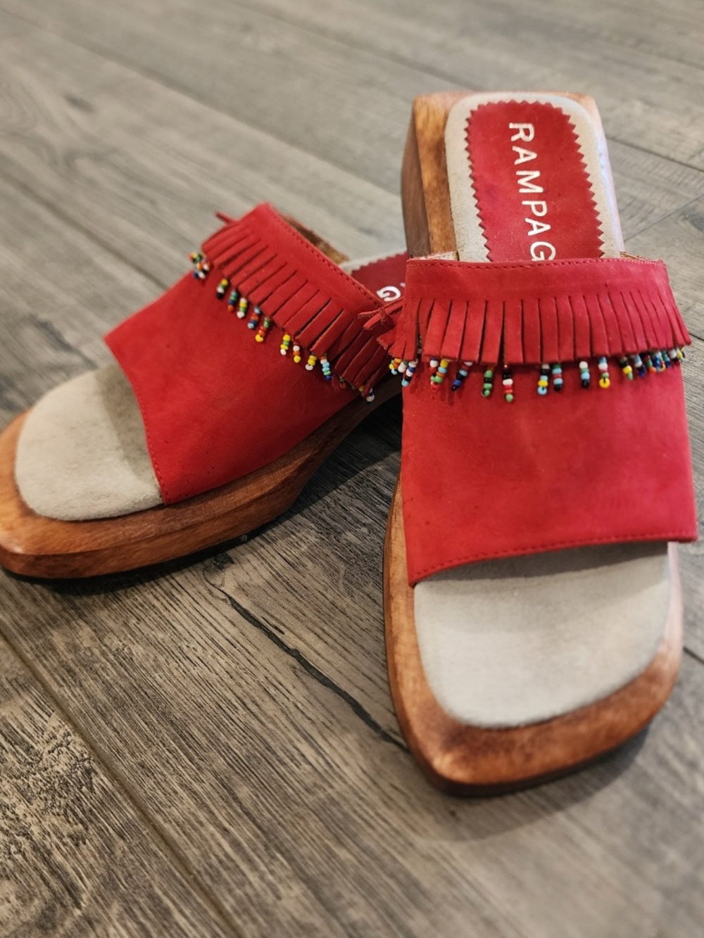 Rampage Suede Red w/Beads Sandal Wooden Heel Style Mohawk Size 6
